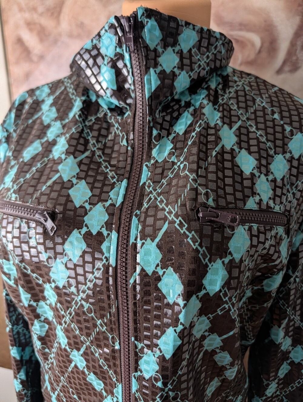 NABI Ladies Turquoise Brown Argyle Diamond Print Jacket EUC, Light Size XL - Picture 2 of 8